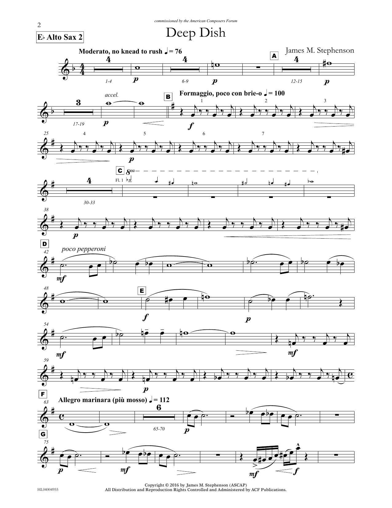 Learn to play James (Jim) M. Stephenson Deep Dish - Eb Alto Sax 2 sheet music for Concert Band in minutes. Price: 5.9900$ James (Jim) M. Stephenson Deep Dish - Eb Alto Sax 2 sheet music notes and chords arranged for Concert Band