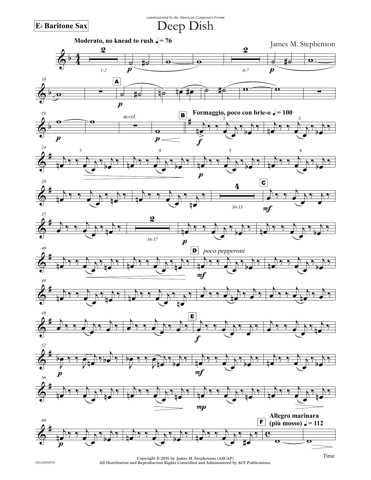 Learn to play James (Jim) M. Stephenson Deep Dish - Eb Baritone Saxophone sheet music for Concert Band in minutes. Price: 5.9900$ James (Jim) M. Stephenson Deep Dish - Eb Baritone Saxophone sheet music notes and chords arranged for Concert Band