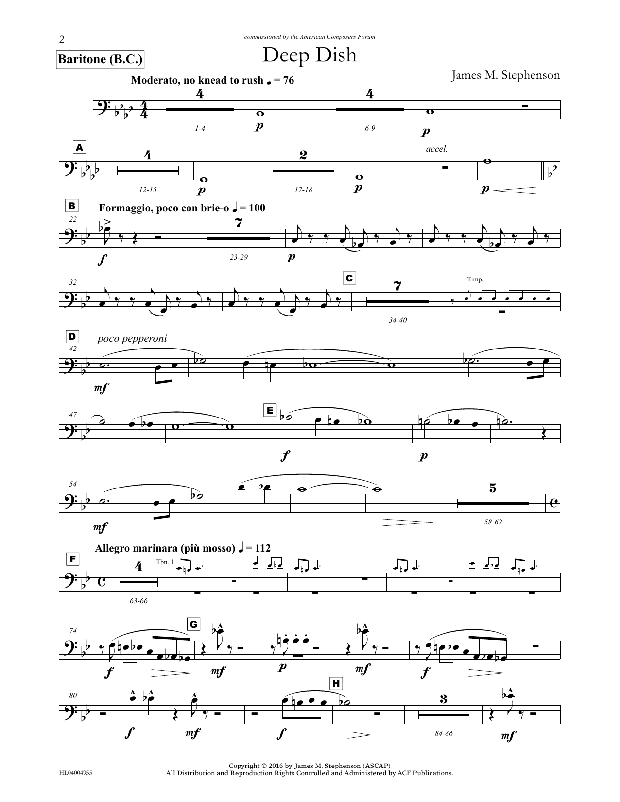 Learn to play James (Jim) M. Stephenson Deep Dish - Euphonium/Baritone BC sheet music for Concert Band in minutes. Price: 5.9900$ James (Jim) M. Stephenson Deep Dish - Euphonium/Baritone BC sheet music notes and chords arranged for Concert Band