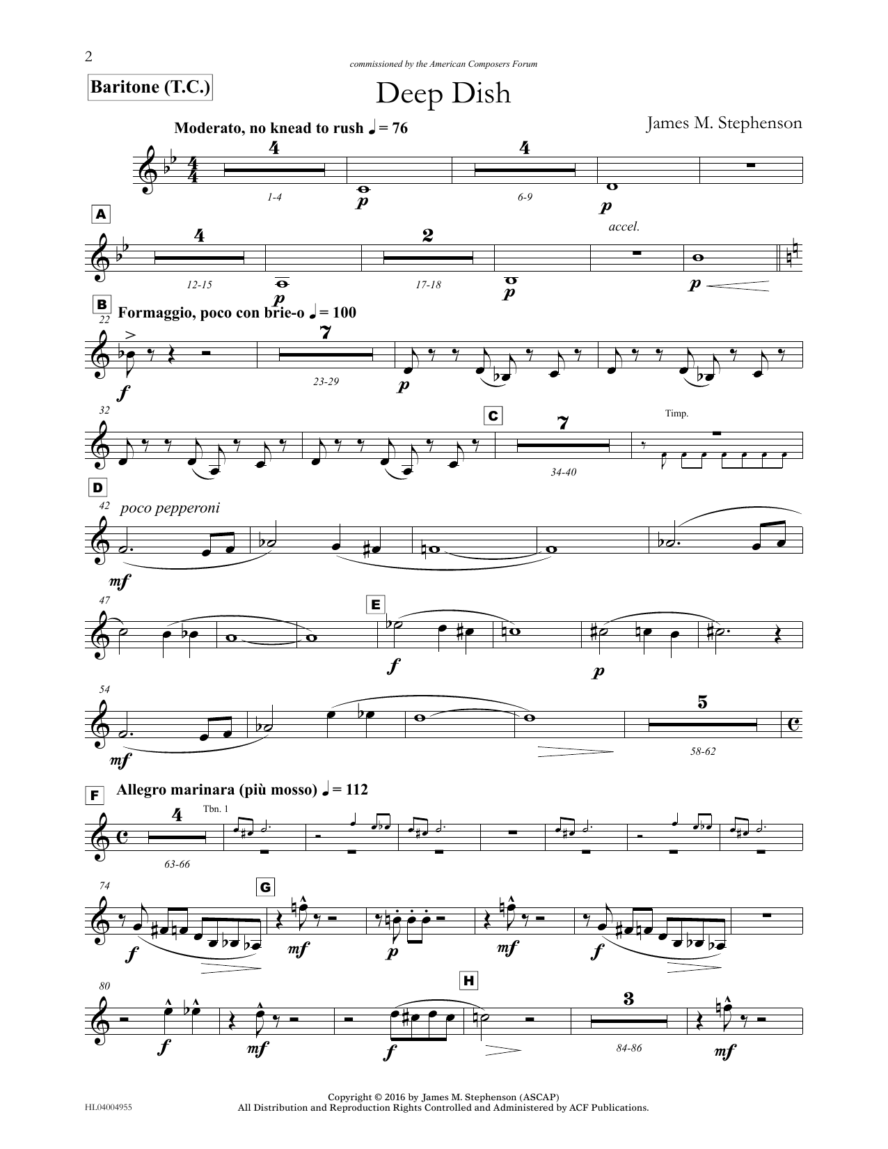 Learn to play James (Jim) M. Stephenson Deep Dish - Euphonium/Baritone TC sheet music for Concert Band in minutes. Price: 5.9900$ James (Jim) M. Stephenson Deep Dish - Euphonium/Baritone TC sheet music notes and chords arranged for Concert Band