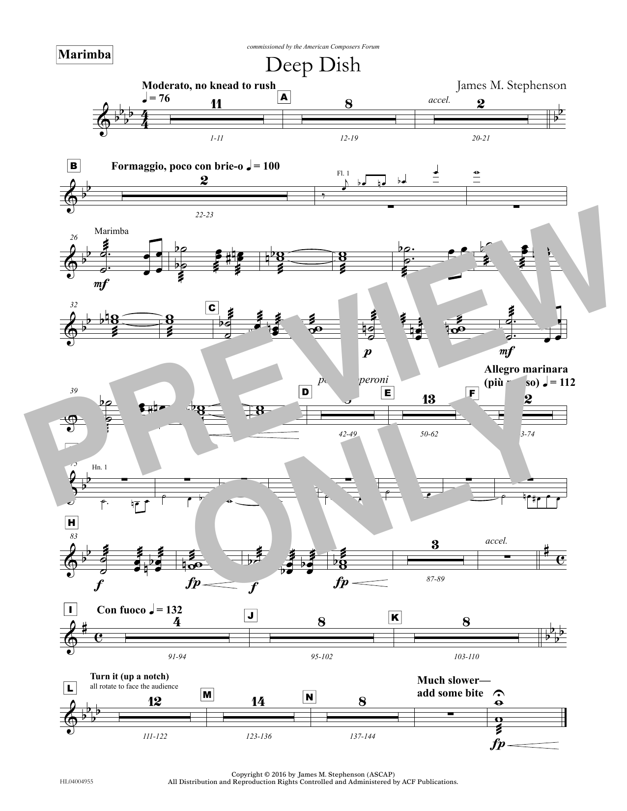 Learn to play James (Jim) M. Stephenson Deep Dish - Marimba sheet music for Concert Band in minutes. Price: 5.9900$ James (Jim) M. Stephenson Deep Dish - Marimba sheet music notes and chords arranged for Concert Band