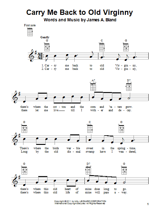Learn to play James A. Bland Carry Me Back To Old Virginny sheet music for Lead Sheet / Fake Book in minutes. James A. Bland Carry Me Back To Old Virginny sheet music notes and chords. Download Printable PDF.