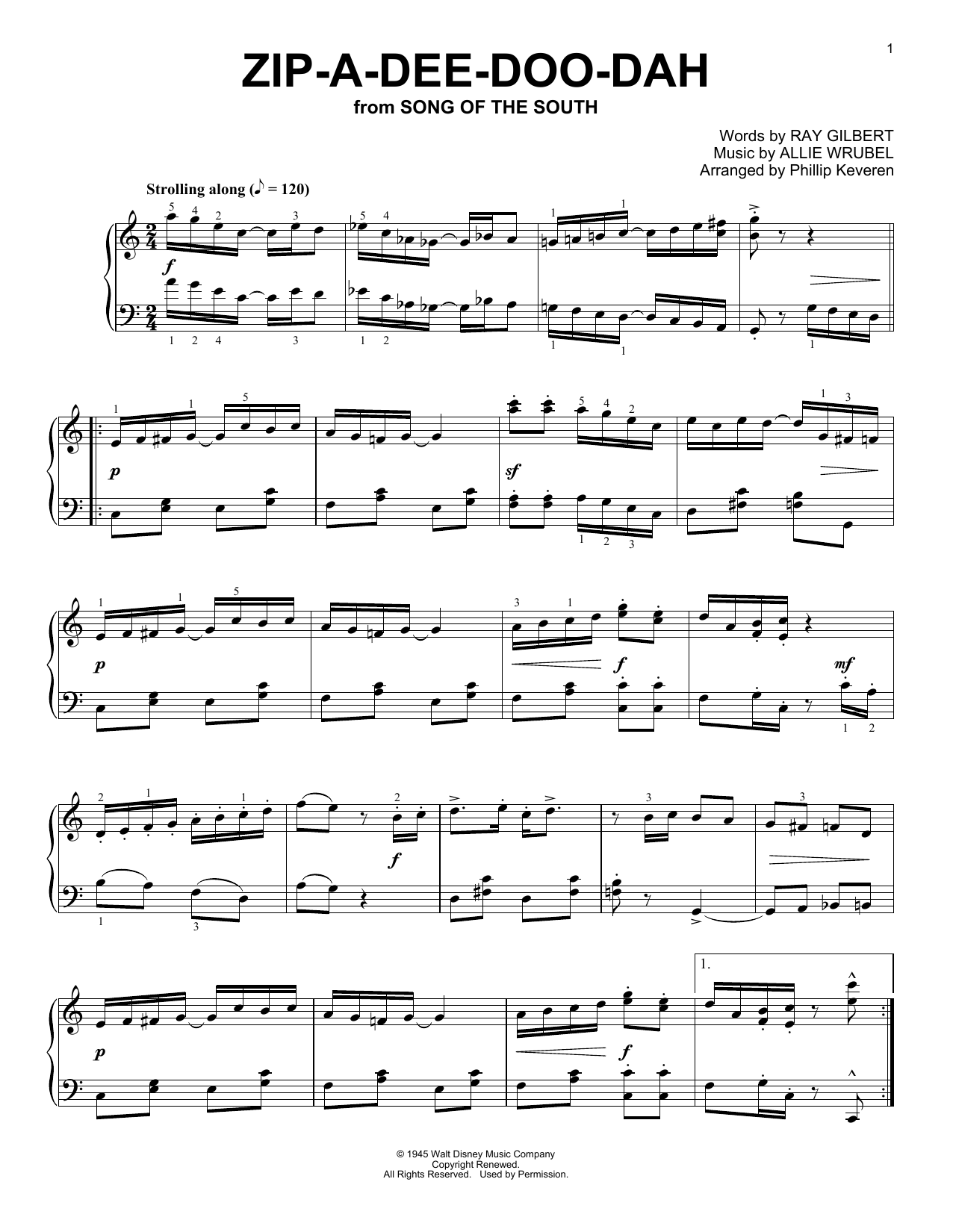 Allie Wrubel Zip-A-Dee-Doo-Dah [Ragtime version] (arr. Phillip Keveren) sheet music notes and chords arranged for Piano Solo