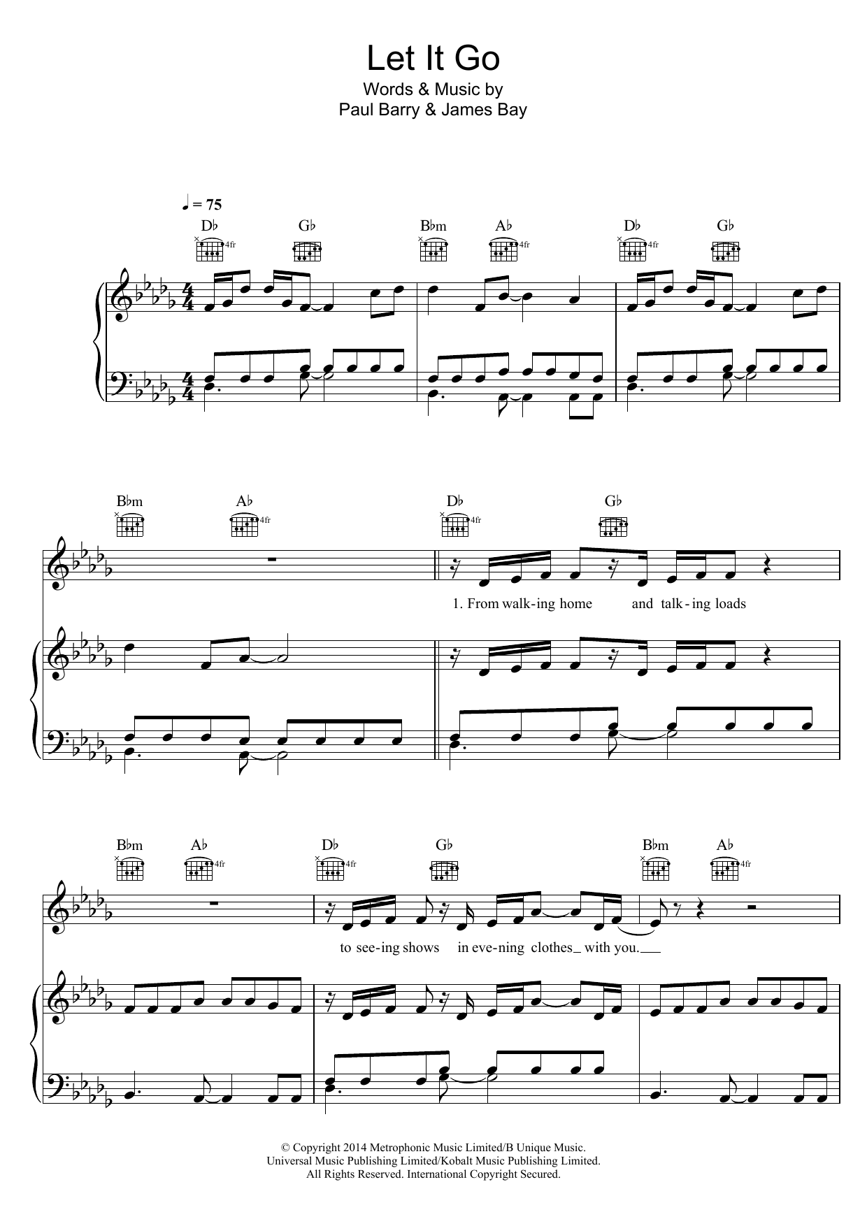 James Bay 'Let It Go' Sheet Music, Chords & Lyrics | Download.