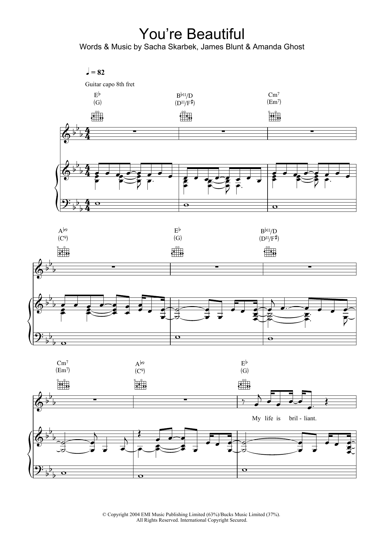 James Blunt You're Beautiful sheet music notes and chords. Download Printable PDF.