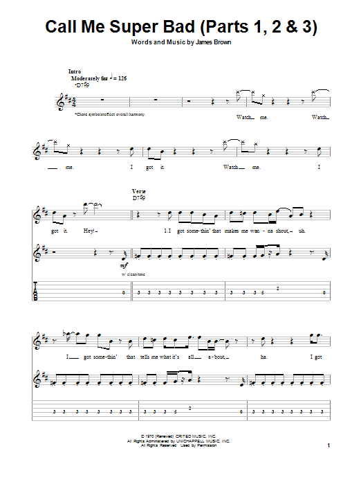 Learn to play James Brown Call Me Super Bad (Parts 1, 2 & 3) sheet music for Bass Guitar Tab in minutes. Price: 7.8900$ James Brown Call Me Super Bad (Parts 1, 2 & 3) sheet music notes and chords arranged for Bass Guitar Tab