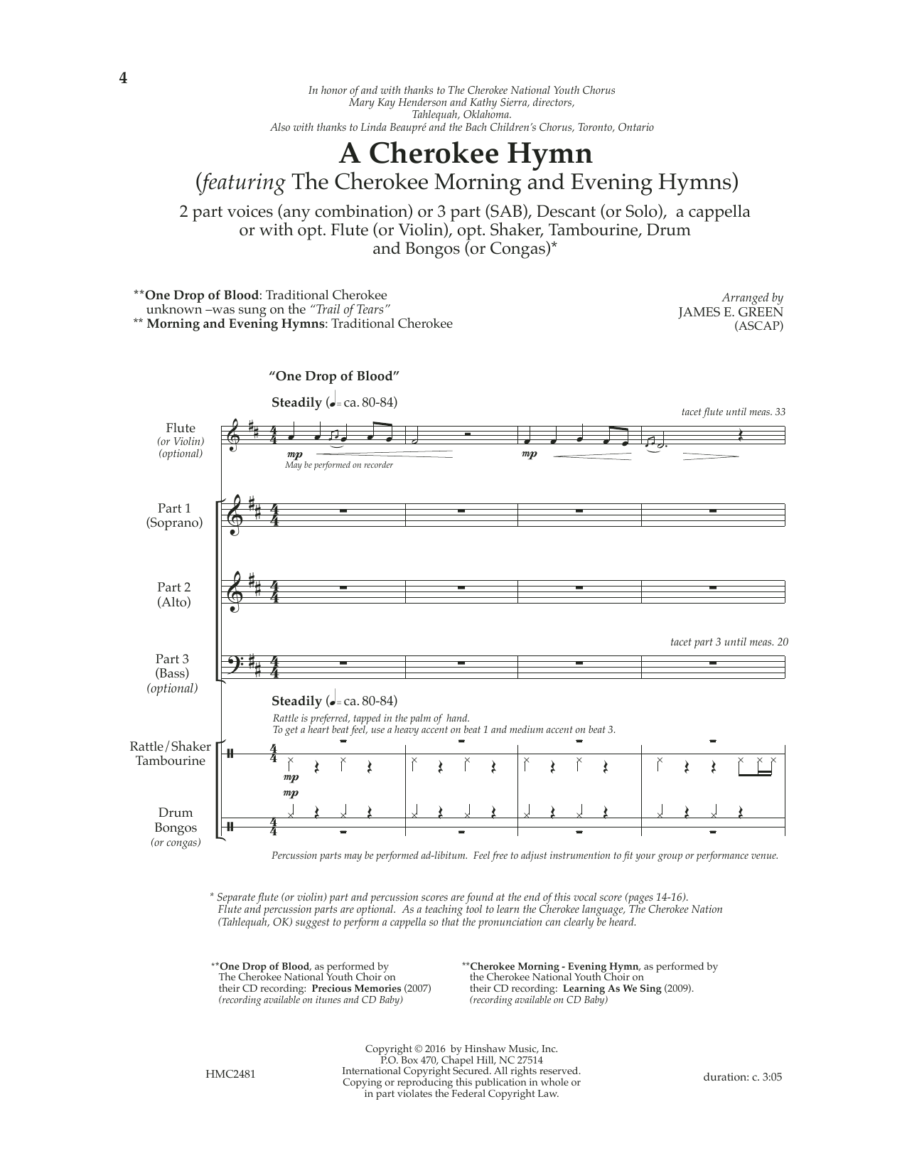 Learn to play James E. Green A Cherokee Hymn sheet music for SAB Choir in minutes. Price: 3.9900$ James E. Green A Cherokee Hymn sheet music notes and chords arranged for SAB Choir