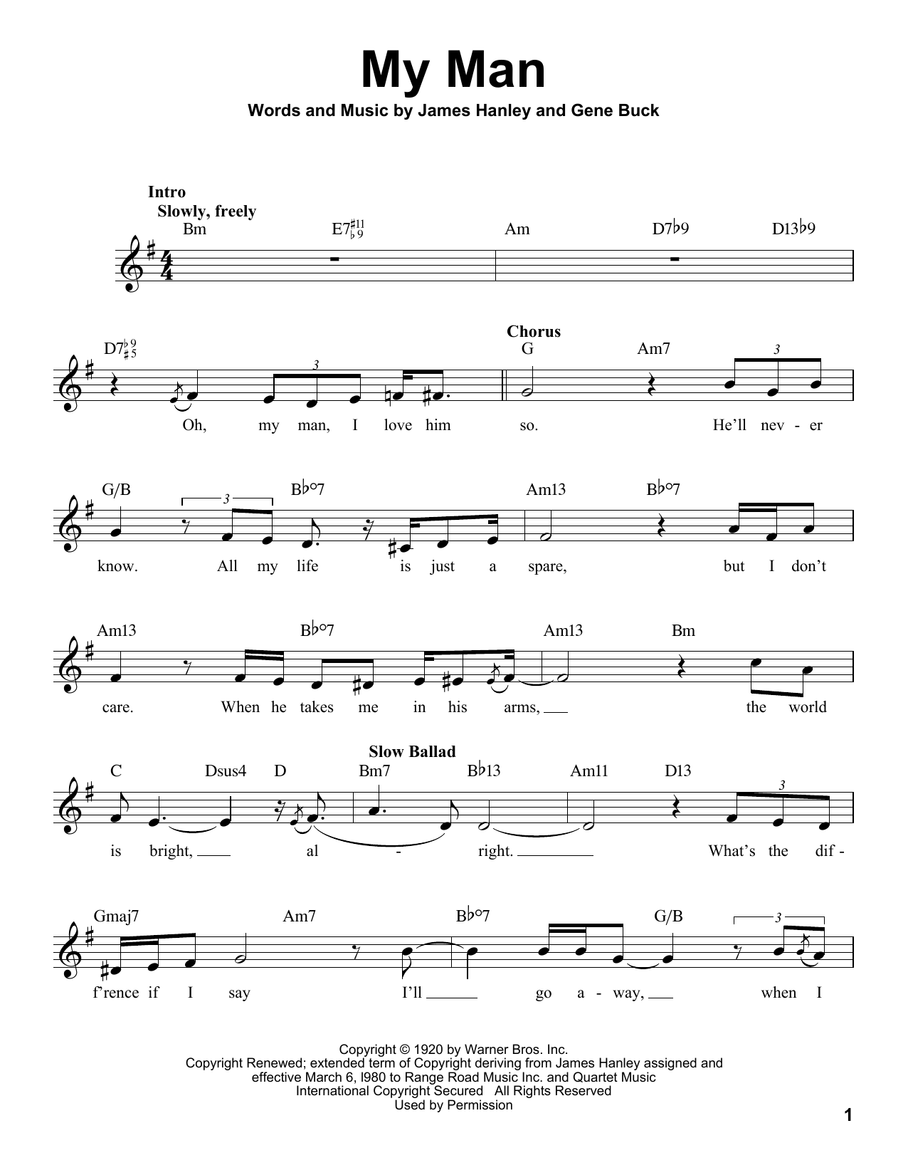 James Hanley My Man sheet music notes and chords. Download Printable PDF.