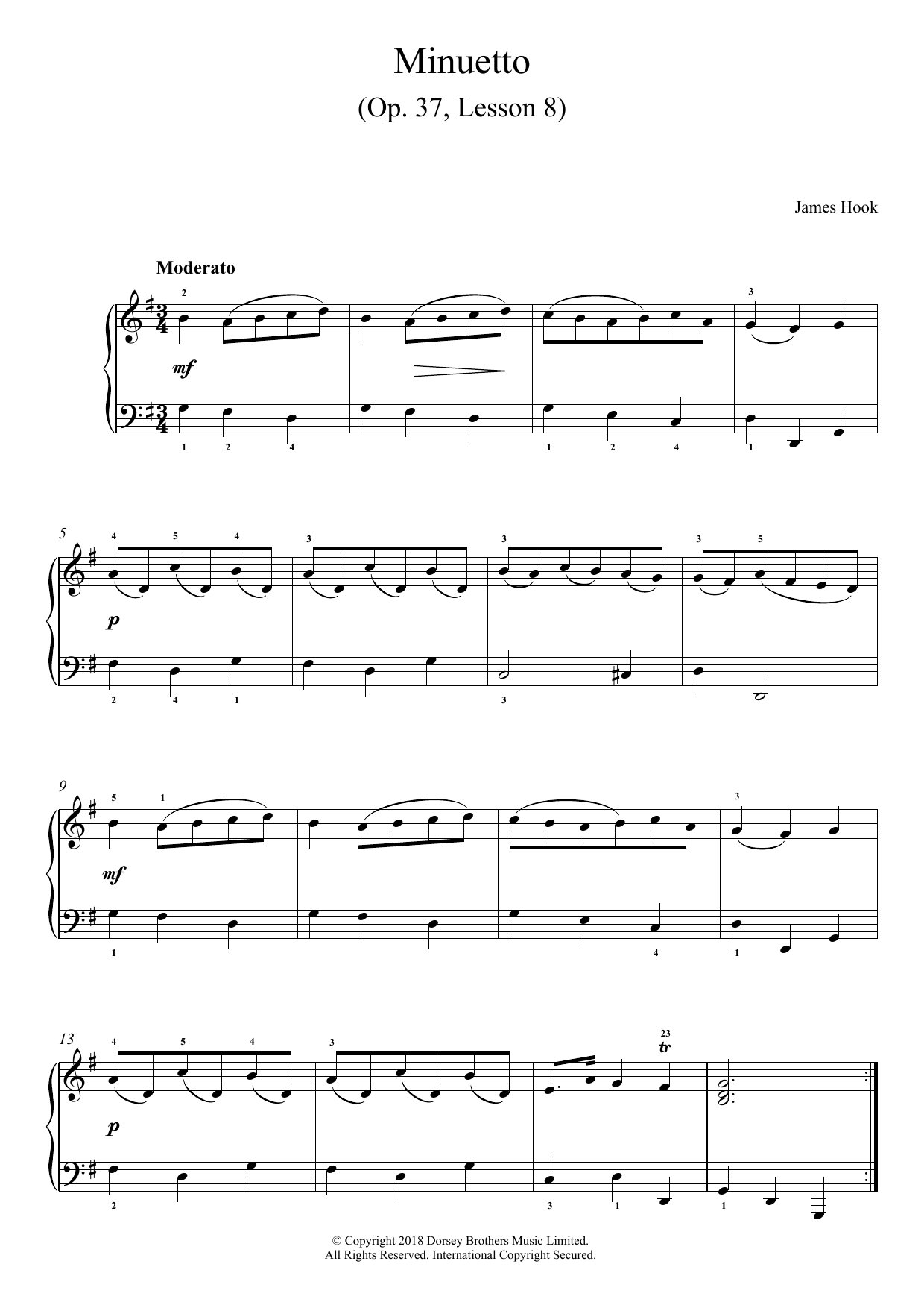 Learn to play James Hook Minuetto Op. 37, Lesson 8 sheet music for Piano Solo in minutes. Price: 6.9900$ James Hook Minuetto Op. 37, Lesson 8 sheet music notes and chords arranged for Piano Solo