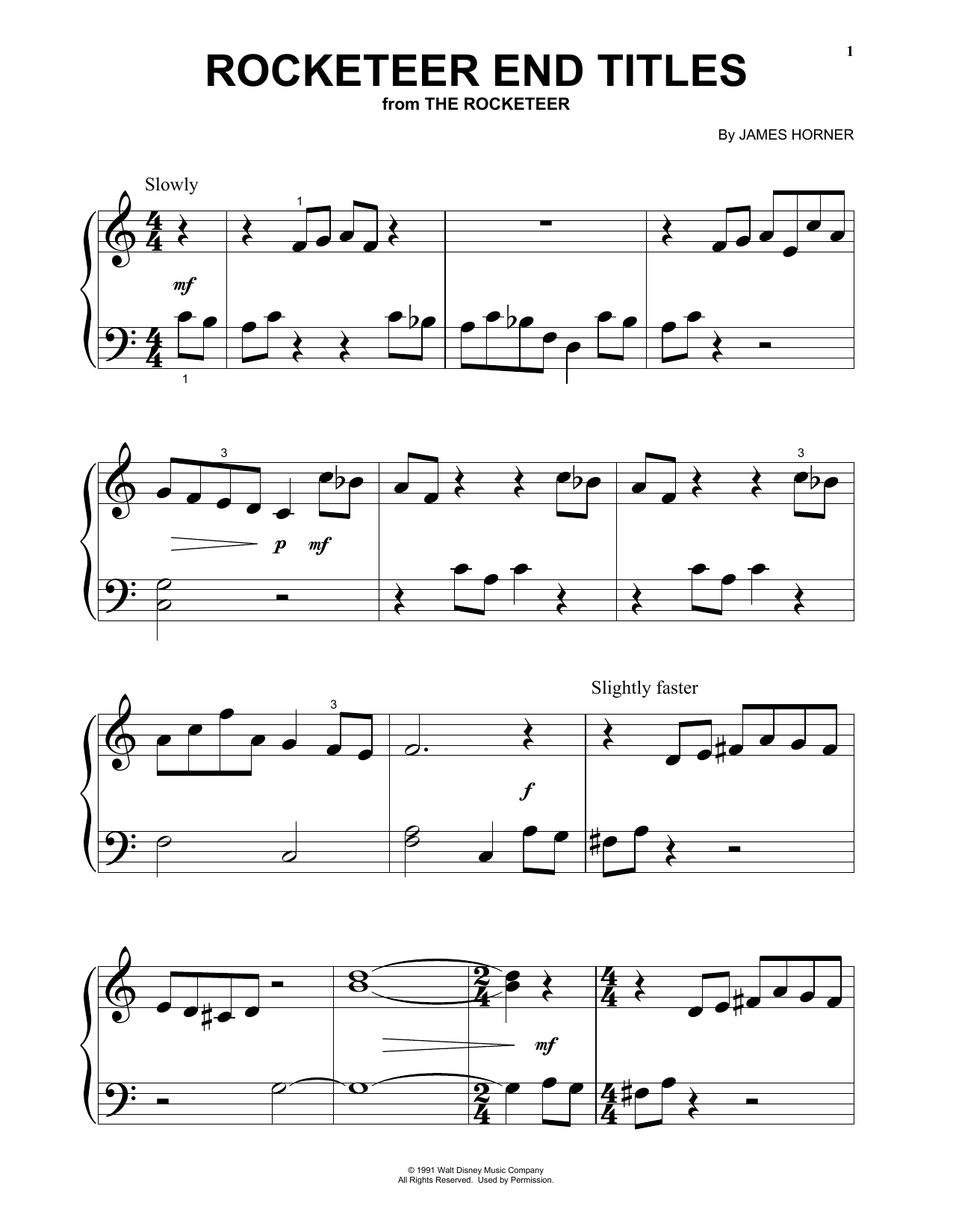 Learn to play James Horner Rocketeer End Titles (from The Rocketeer) sheet music for Beginning Piano Solo in minutes. Price: 6.9900$ James Horner Rocketeer End Titles (from The Rocketeer) sheet music notes and chords arranged for Beginning Piano Solo