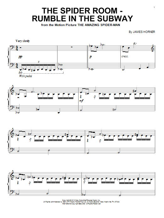 Learn to play James Horner The Spider Room - Rumble In The Subway sheet music for Piano Solo in minutes. James Horner The Spider Room - Rumble In The Subway sheet music notes and chords. Download Printable PDF.