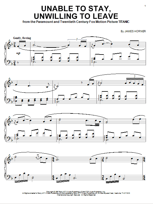 Learn to play James Horner Unable To Stay, Unwilling To Leave sheet music for Piano Solo in minutes. James Horner Unable To Stay, Unwilling To Leave sheet music notes and chords