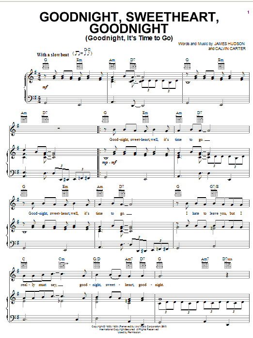 Learn to play The Spaniels Goodnight, Sweetheart, Goodnight (Goodnight, It's Time To Go) sheet music for Piano, Vocal & Guitar (Right-Hand Melody) in minutes. The Spaniels Goodnight, Sweetheart, Goodnight (Goodnight, It's Time To Go) sheet music notes and chords. Download Printable PDF.