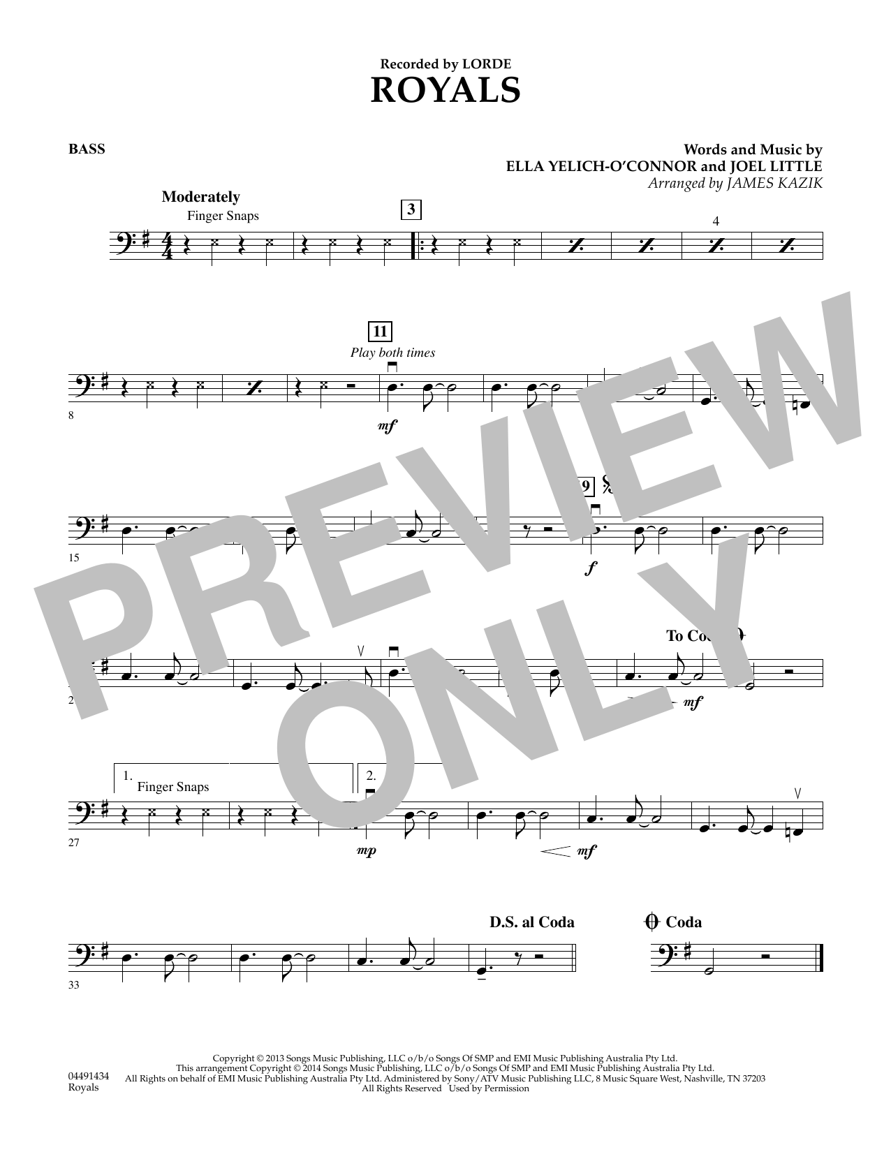 James Kazik Royals - Bass sheet music notes and chords. Download Printable PDF.