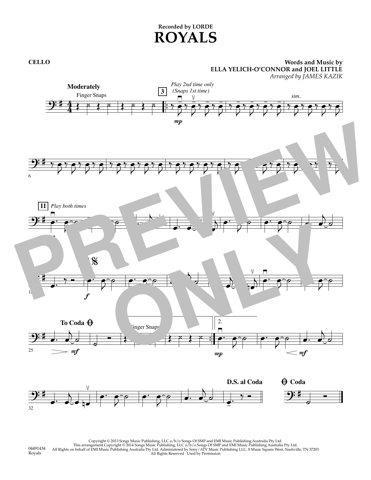 James Kazik Royals - Cello sheet music notes and chords. Download Printable PDF.