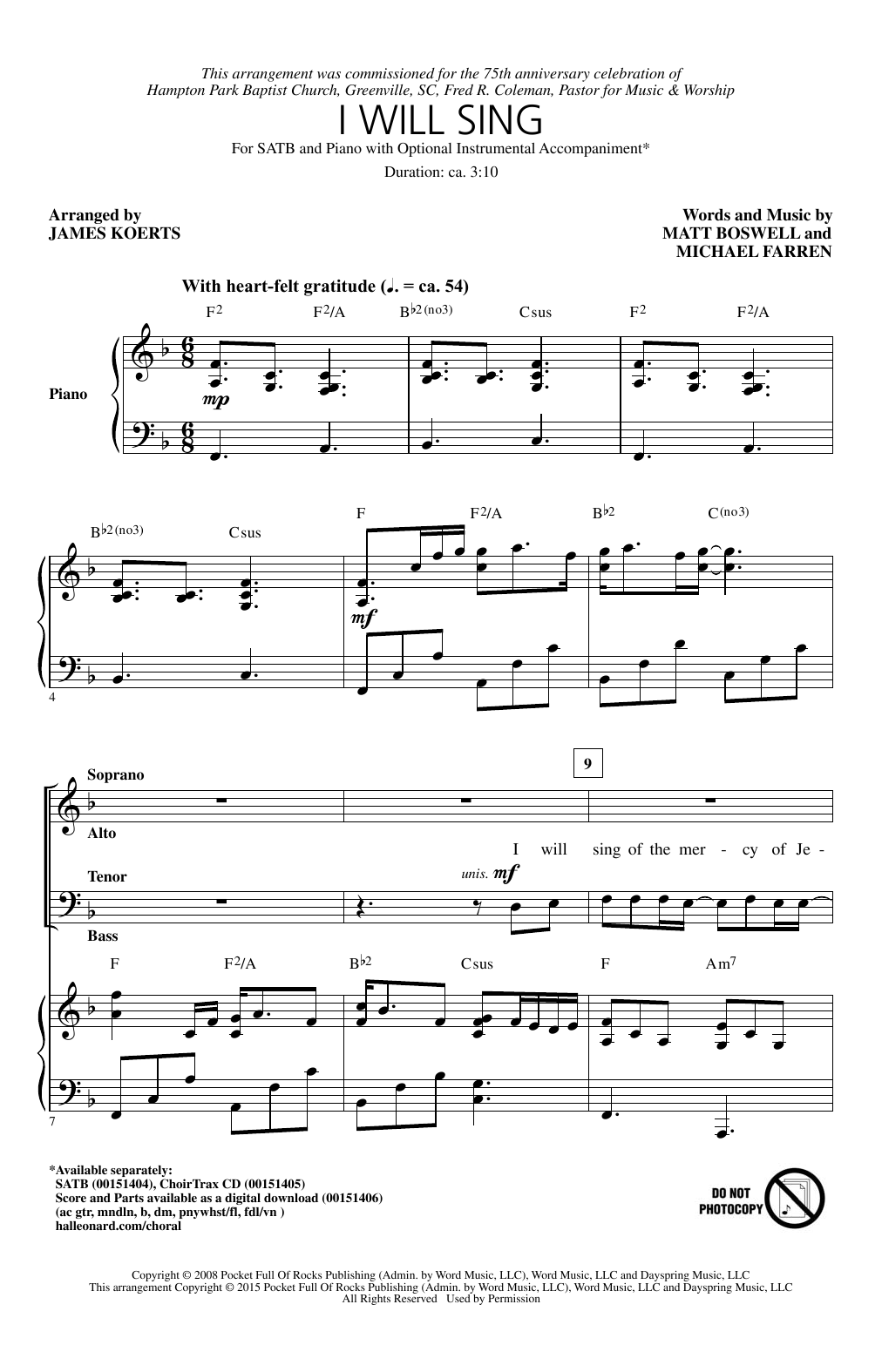 James Koerts I Will Sing sheet music notes and chords. Download Printable PDF.