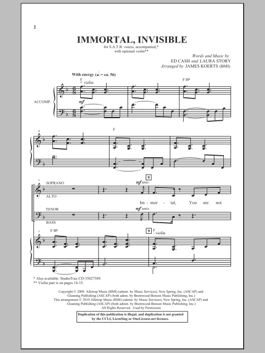 James Koerts Immortal, Invisible sheet music notes and chords. Download Printable PDF.