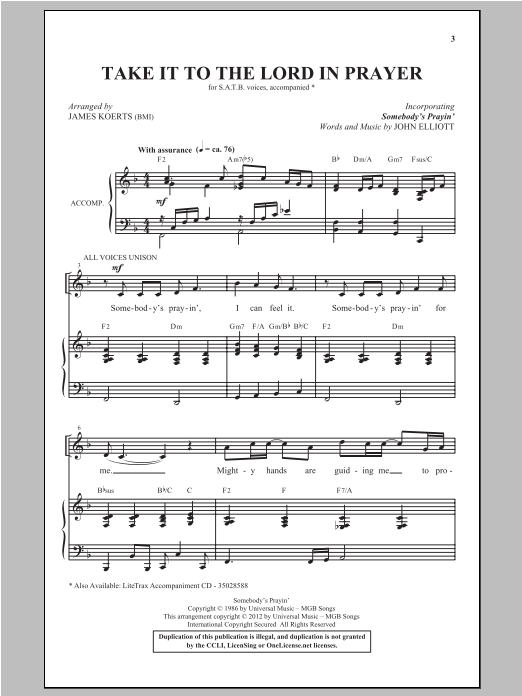 Learn to play James Koerts Take It To The Lord In Prayer (with Somebody's Prayin') sheet music for SATB Choir in minutes. Price: 3.9900$ James Koerts Take It To The Lord In Prayer (with Somebody's Prayin') sheet music notes and chords arranged for SATB Choir