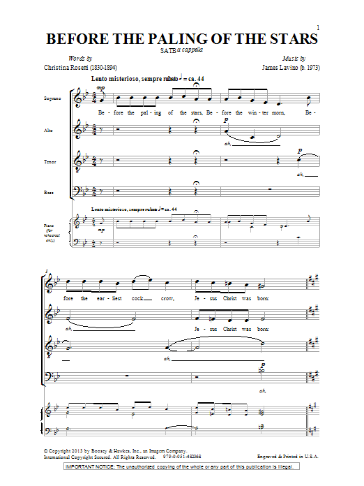 Learn to play James Lavino Before The Paling Of The Stars sheet music for SATB Choir in minutes. James Lavino Before The Paling Of The Stars sheet music notes and chords. Download Printable PDF.