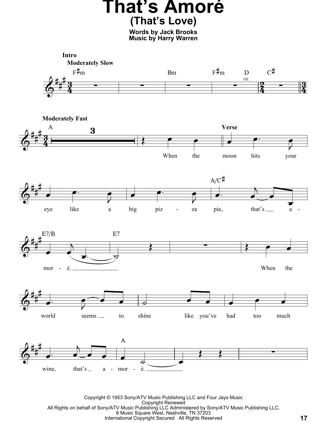 Learn to play Alan Menken That's Amore (That's Love) sheet music for Pro Vocal in minutes. Price: 6.9900$ Alan Menken That's Amore (That's Love) sheet music notes and chords arranged for Pro Vocal