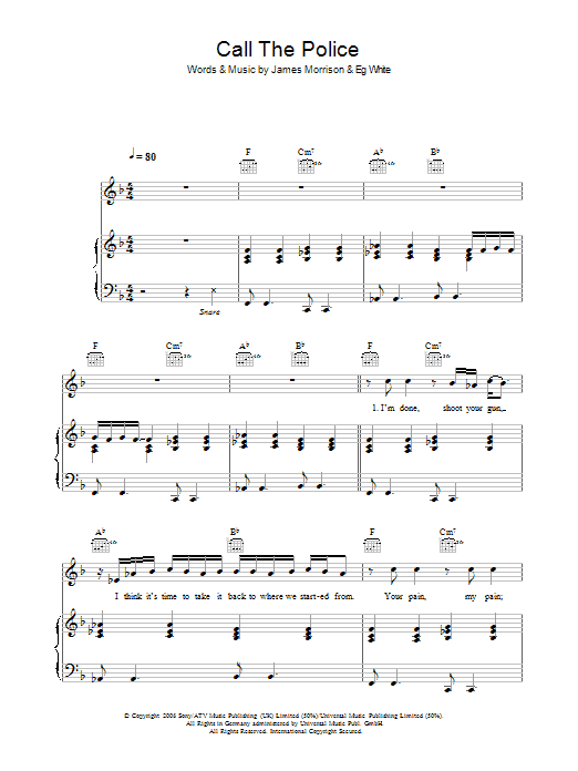 Learn to play James Morrison Call The Police sheet music for Piano, Vocal & Guitar in minutes. James Morrison Call The Police sheet music notes and chords. Download Printable PDF.