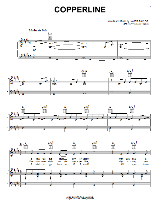 Learn to play James Taylor Copperline sheet music for Piano, Vocal & Guitar (Right-Hand Melody) in minutes. James Taylor Copperline sheet music notes and chords. Download Printable PDF.
