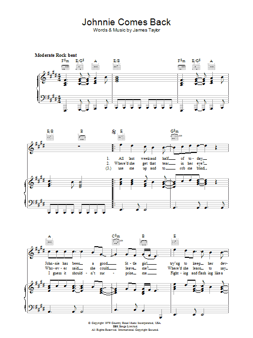 Learn to play James Taylor Johnnie Comes Back sheet music for Piano, Vocal & Guitar (Right-Hand Melody) in minutes. James Taylor Johnnie Comes Back sheet music notes and chords. Download Printable PDF.