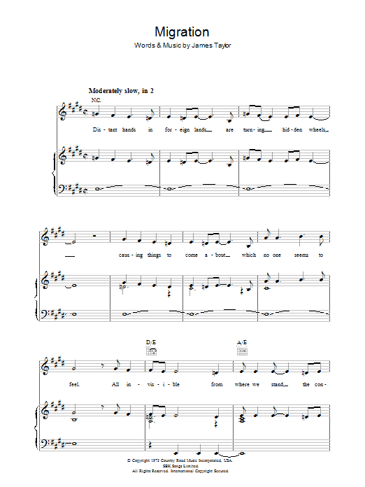 Learn to play James Taylor Migration sheet music for Piano, Vocal & Guitar (Right-Hand Melody) in minutes. James Taylor Migration sheet music notes and chords. Download Printable PDF.