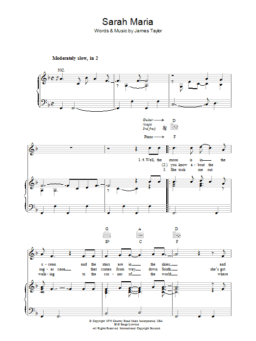Learn to play James Taylor Sarah Maria sheet music for Piano, Vocal & Guitar (Right-Hand Melody) in minutes. James Taylor Sarah Maria sheet music notes and chords. Download Printable PDF.