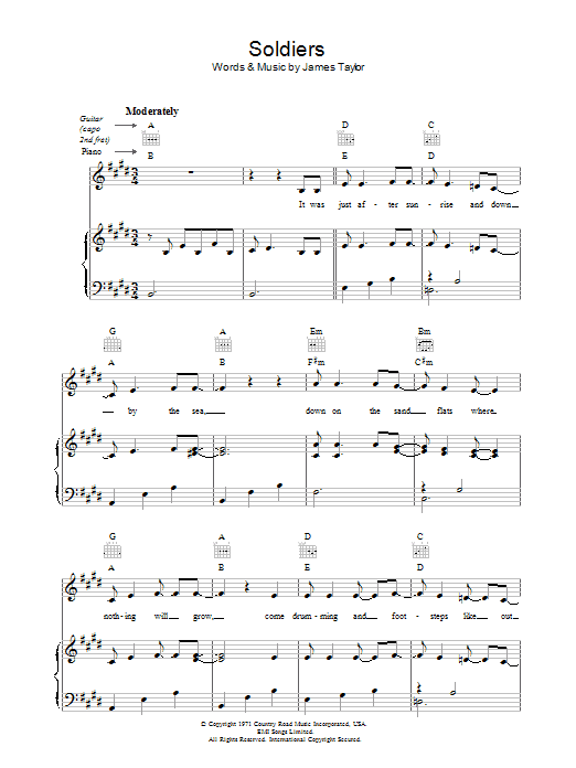 Learn to play James Taylor Soldiers sheet music for Piano, Vocal & Guitar (Right-Hand Melody) in minutes. James Taylor Soldiers sheet music notes and chords. Download Printable PDF.