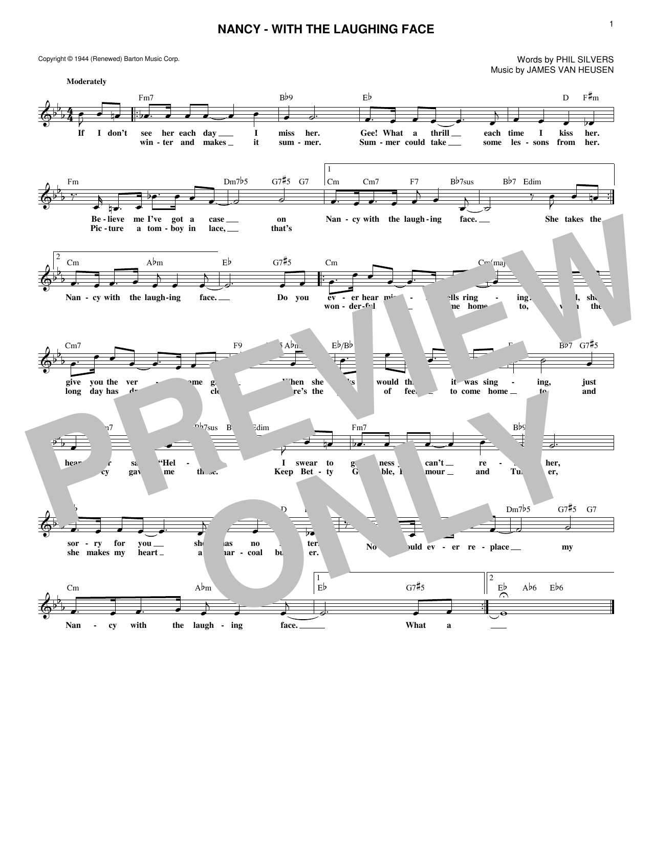 Learn to play James Van Heusen Nancy (With The Laughing Face) sheet music for Lead Sheet / Fake Book in minutes. Price: 5.9900$ James Van Heusen Nancy (With The Laughing Face) sheet music notes and chords arranged for Lead Sheet / Fake Book