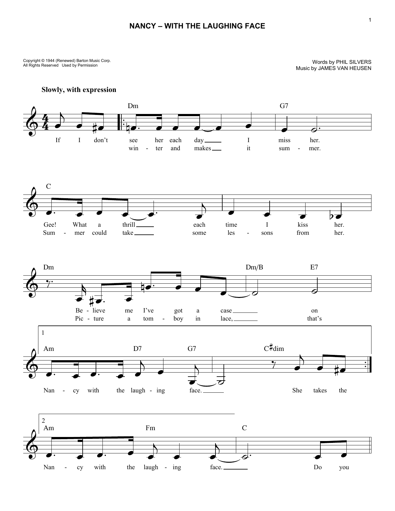 Learn to play Phil Silvers Nancy With The Laughing Face sheet music for Easy Lead Sheet / Fake Book in minutes. Price: 5.9900$ Phil Silvers Nancy With The Laughing Face sheet music notes and chords arranged for Easy Lead Sheet / Fake Book