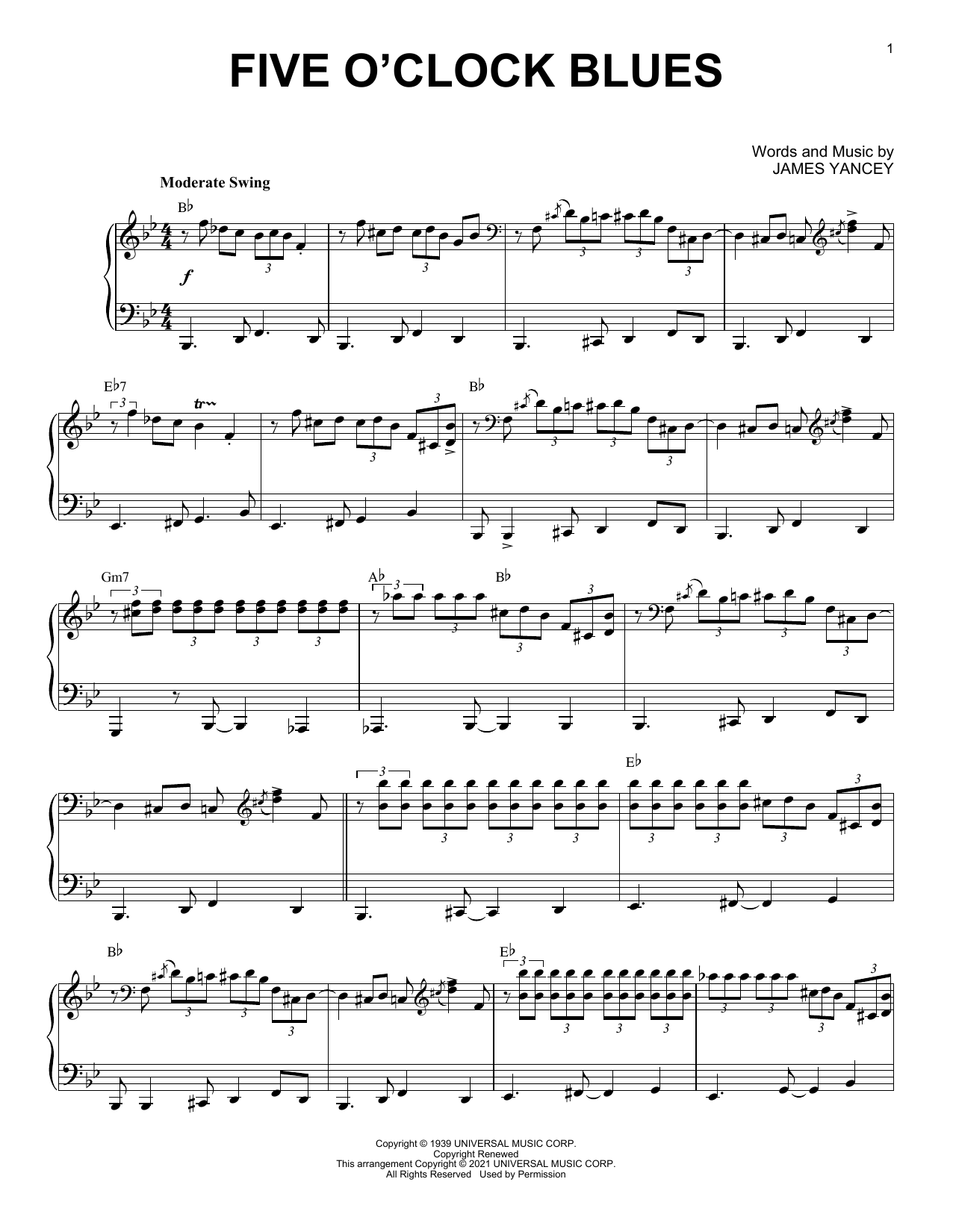 Learn to play James Yancey Five O'Clock Blues (arr. Brent Edstrom) sheet music for Piano Solo in minutes. Price: 7.8900$ James Yancey Five O'Clock Blues (arr. Brent Edstrom) sheet music notes and chords arranged for Piano Solo