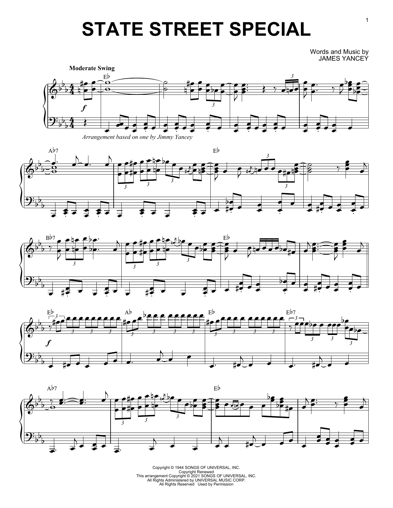 Learn to play James Yancey State Street Special (arr. Brent Edstrom) sheet music for Piano Solo in minutes. Price: 7.8900$ James Yancey State Street Special (arr. Brent Edstrom) sheet music notes and chords arranged for Piano Solo