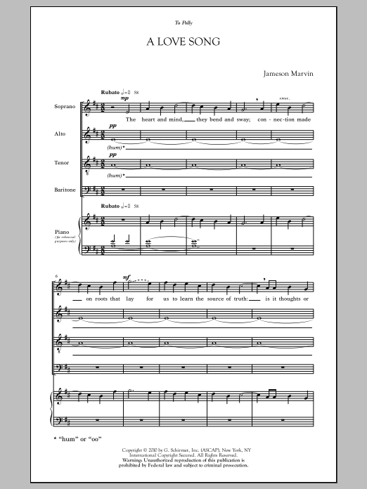 Learn to play Jameson Marvin A Love Song To Polly sheet music for SATB Choir in minutes. Price: 3.9900$ Jameson Marvin A Love Song To Polly sheet music notes and chords arranged for SATB Choir