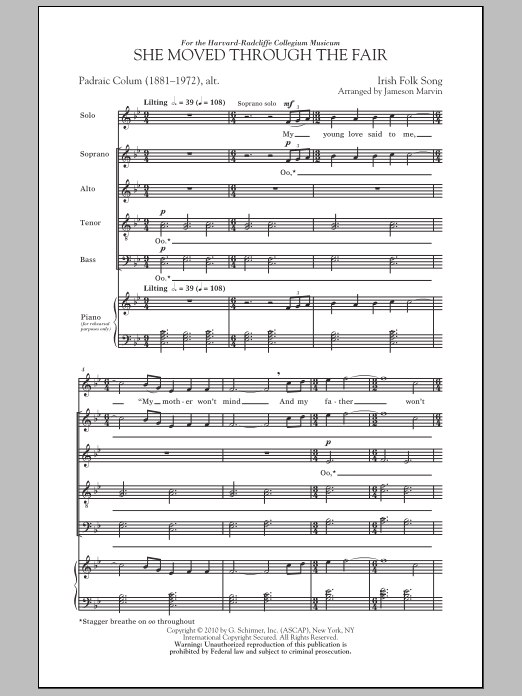 Learn to play Jameson Marvin She Moved Thro' The Fair (She Moved Through The Fair) sheet music for SATB Choir in minutes. Price: 3.9900$ Jameson Marvin She Moved Thro' The Fair (She Moved Through The Fair) sheet music notes and chords arranged for SATB Choir