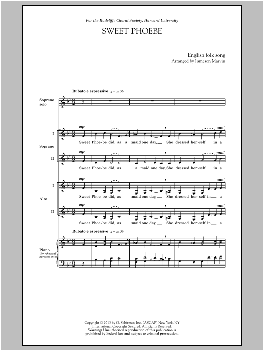 Traditional Folksong Sweet Phoebe (arr. Jameson Marvin) sheet music notes and chords. Download Printable PDF.