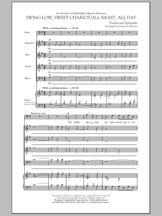 Learn to play Jameson Marvin Swing Low, Sweet Chariot / All Night, All Day sheet music for SATB Choir in minutes. Price: 3.9900$ Jameson Marvin Swing Low, Sweet Chariot / All Night, All Day sheet music notes and chords arranged for SATB Choir