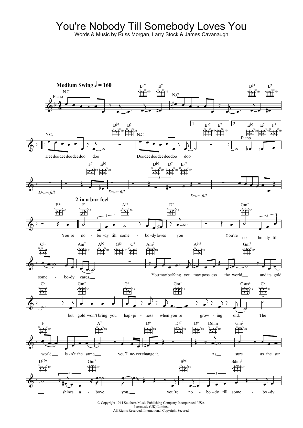 Learn to play Jamie Cullum You're Nobody Till Somebody Loves You sheet music for Lead Sheet / Fake Book in minutes. Price: 5.9900$ Jamie Cullum You're Nobody Till Somebody Loves You sheet music notes and chords arranged for Lead Sheet / Fake Book