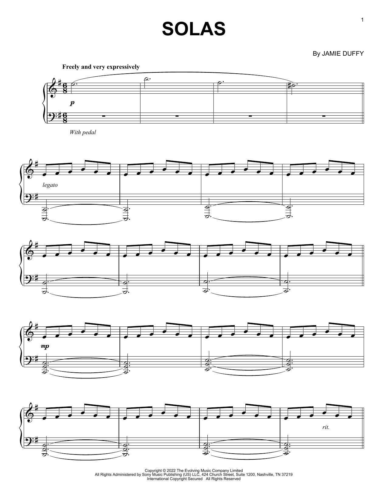 Download Jamie Duffy "Solas" Sheet Music & PDF Chords | Piano Solo New