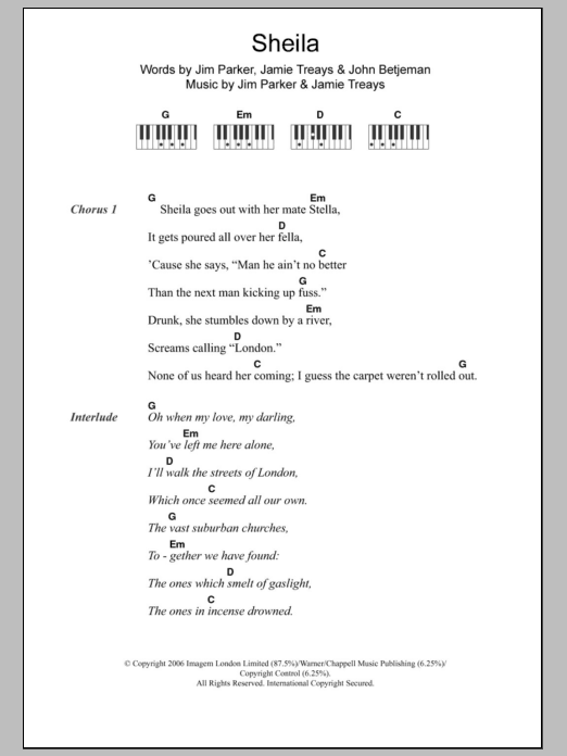 Jamie T 'Sheila' Sheet Music, Chords & Lyrics | Download Printable Pop ...