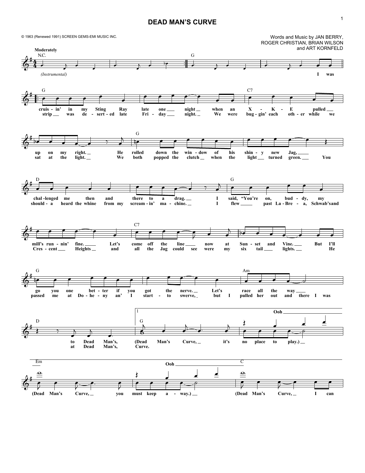 Jan & Dean Dead Man's Curve sheet music notes and chords. Download Printable PDF.