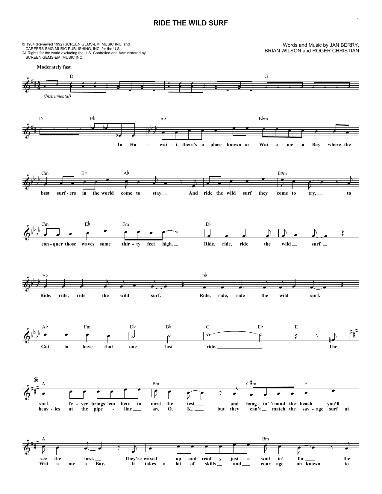 Learn to play Jan & Dean Ride The Wild Surf sheet music for Lead Sheet / Fake Book in minutes. Price: 5.9900$ Jan & Dean Ride The Wild Surf sheet music notes and chords arranged for Lead Sheet / Fake Book