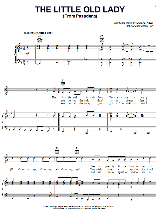 Learn to play Jan & Dean The Little Old Lady (From Pasadena) sheet music for Piano, Vocal & Guitar (Right-Hand Melody) in minutes. Jan & Dean The Little Old Lady (From Pasadena) sheet music notes and chords