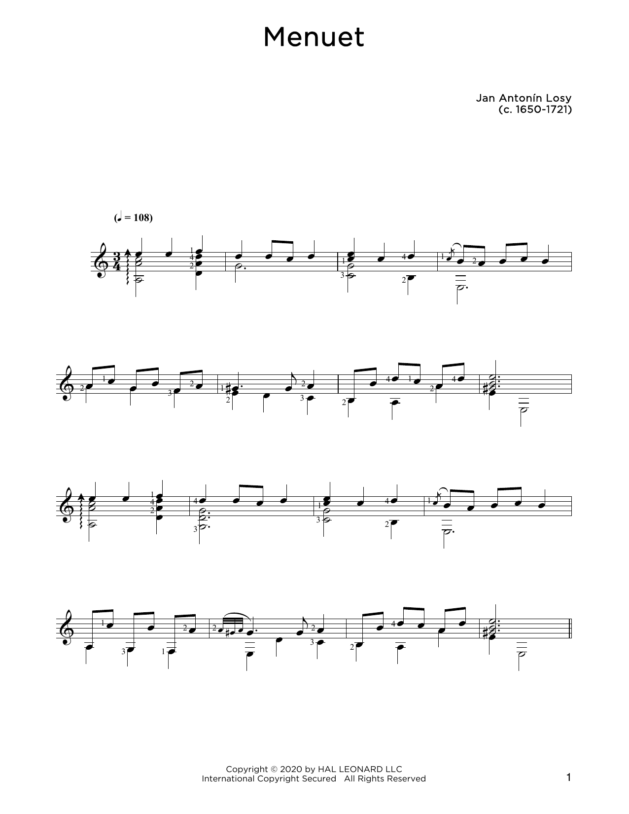 Jan Antonin Losey Menuet sheet music notes and chords. Download Printable PDF.