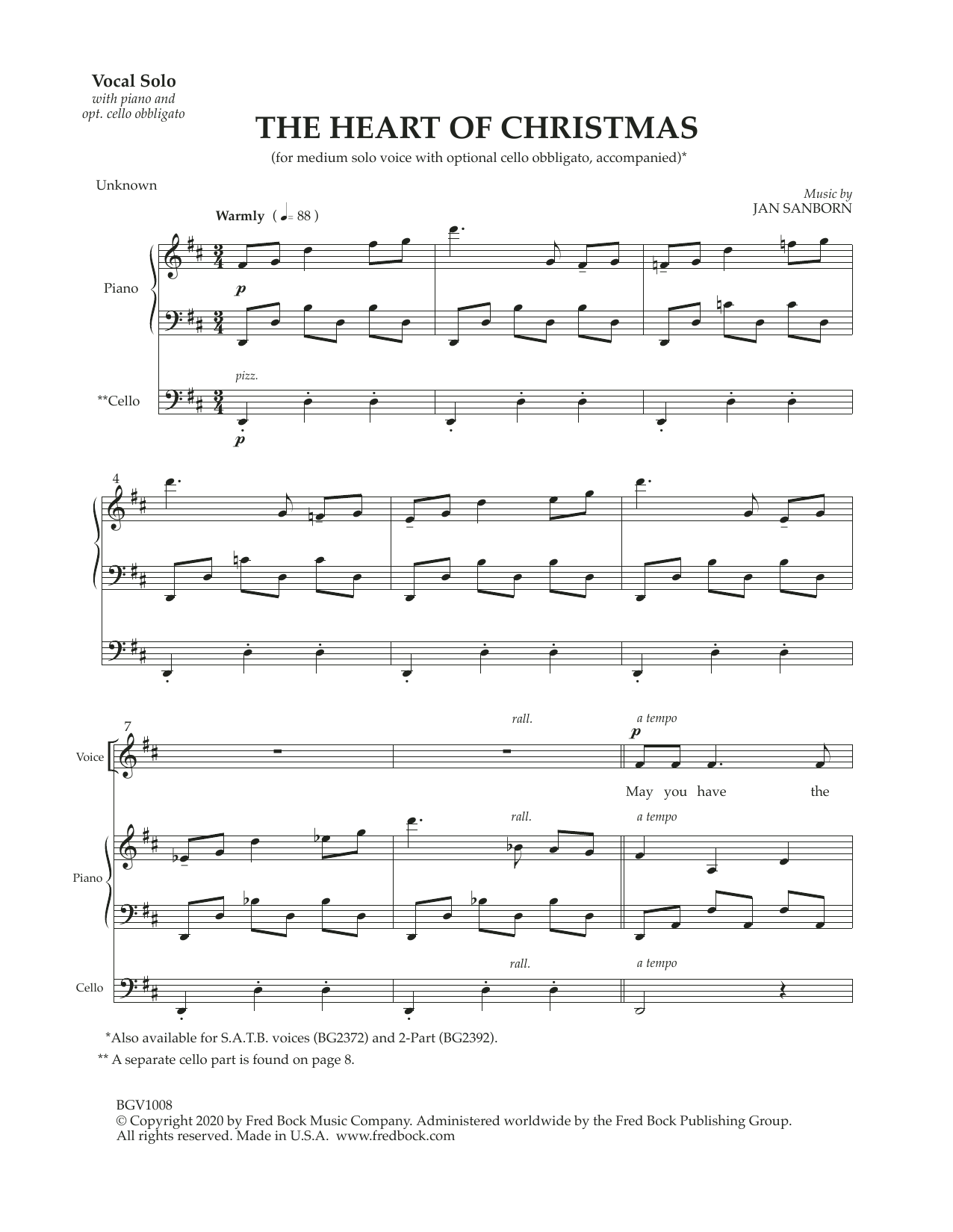 Learn to play Jan Sanborn The Heart Of Christmas (with optional cello obbligato) sheet music for Piano & Vocal in minutes. Price: 9.9900$ Jan Sanborn The Heart Of Christmas (with optional cello obbligato) sheet music notes and chords arranged for Piano & Vocal