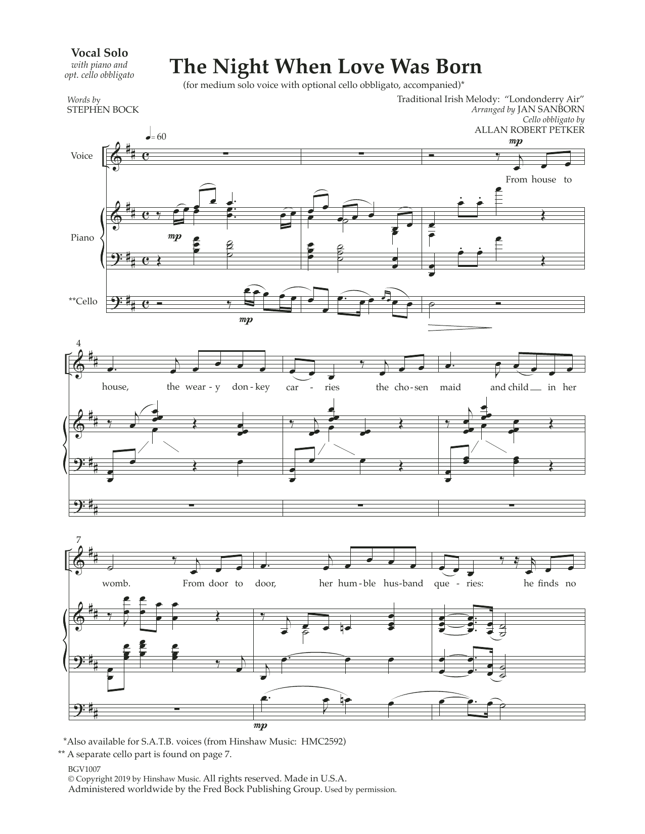 Learn to play Jan Sanborn The Night That Love Was Born (with optional cello obbligato) sheet music for Piano & Vocal in minutes. Price: 9.9900$ Jan Sanborn The Night That Love Was Born (with optional cello obbligato) sheet music notes and chords arranged for Piano & Vocal
