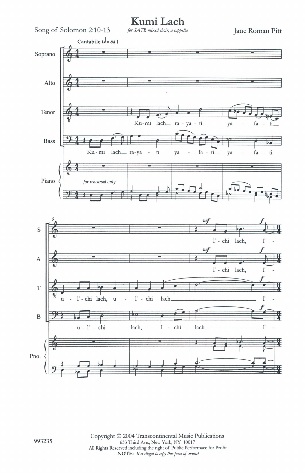 Jane Roman Pitt Kumi Lach sheet music notes and chords. Download Printable PDF.