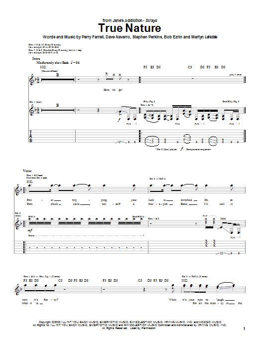 Jane's Addiction True Nature sheet music notes and chords. Download Printable PDF.