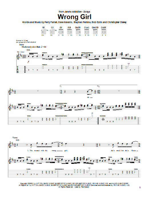 Jane's Addiction Wrong Girl sheet music notes and chords. Download Printable PDF.